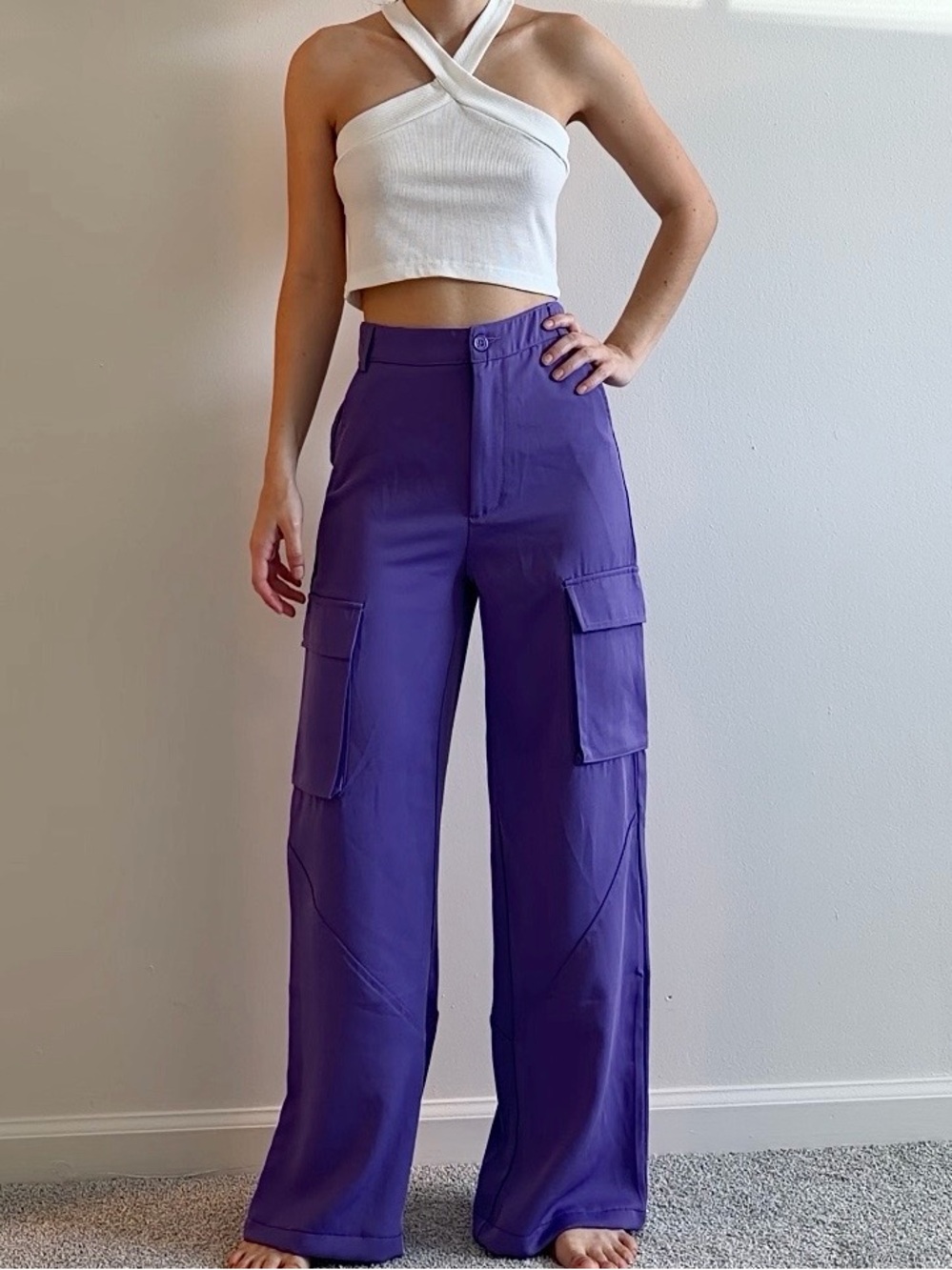 Wide-Leg Cargo Pants in Purple